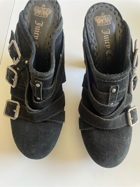 Juicy Couture Black Suede Multi-Buckle Mules Clogs